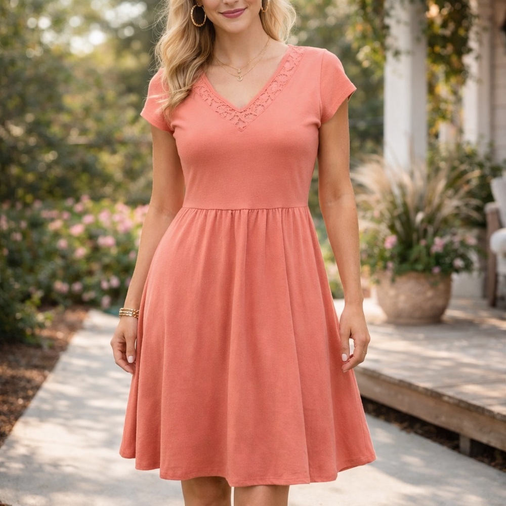 LC Lauren Conrad Coral Lace V-neck Knit Dress - Medium
